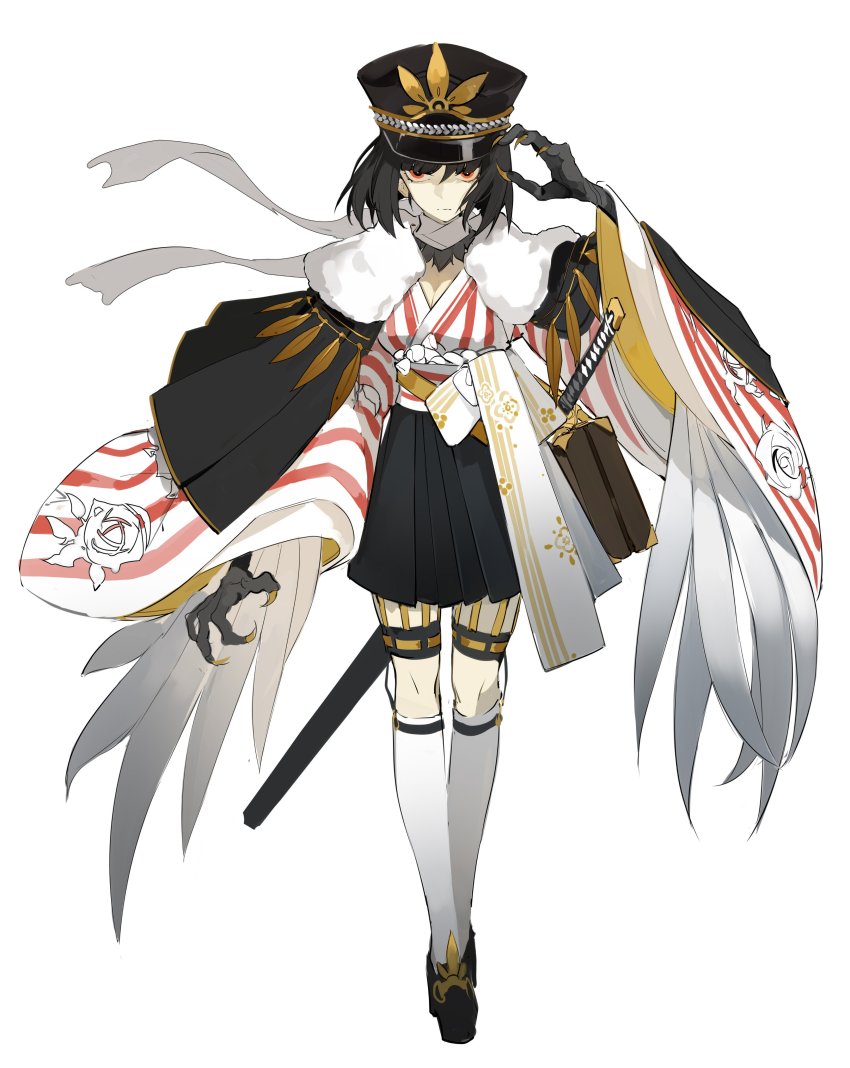1girl, absurdres, animal_hands, arm_up, bird_wings, black_cape, black_footwear, black_hair, black_hakama, black_hat, black_skirt, bob_cut, breasts, briefcase, cape, character_request, check_character, check_copyright, chinese_commentary, claws, closed_mouth, commentary_request, copyright_request, eyebrows_hidden_by_hair, feathered_wings, floral_print, fur-trimmed_cape, fur_trim, hakama, hakama_skirt, hat, highres, itsumade_(onmyoji), japanese_clothes, jpeg_artifacts, katana, kneehighs, legwear_garter, long_sleeves, medium_breasts, nine_(liuyuhao1992), onmyoji, orange_eyes, peaked_cap, rose_print, sanpaku, scarf, sheath, sheathed, simple_background, sketch, skirt, socks, solo, standing, straight-on, striped, sword, tachi-e, v-shaped_eyebrows, v-shaped_eyes, weapon, white_background, white_scarf, white_socks, white_wings, wide_sleeves, winged_arms, wings