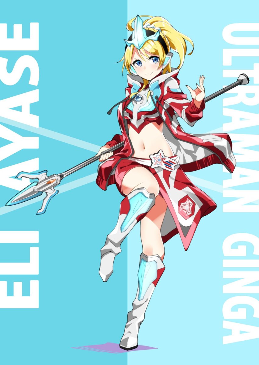 ayase_eli, blonde_hair, blue_background, blue_eyes, boots, breasts, character_name, color_timer