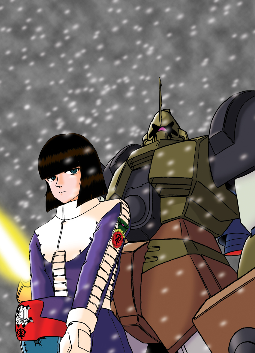 1boy, absurdres, artist_request, black_hair, filius_stream, galbaldy_alpha, gundam, gundam_the_plot_to_assassinate_gihren, unworn_headwear, helmet, unworn_helmet, highres, mecha, pilot_suit, robot, snow