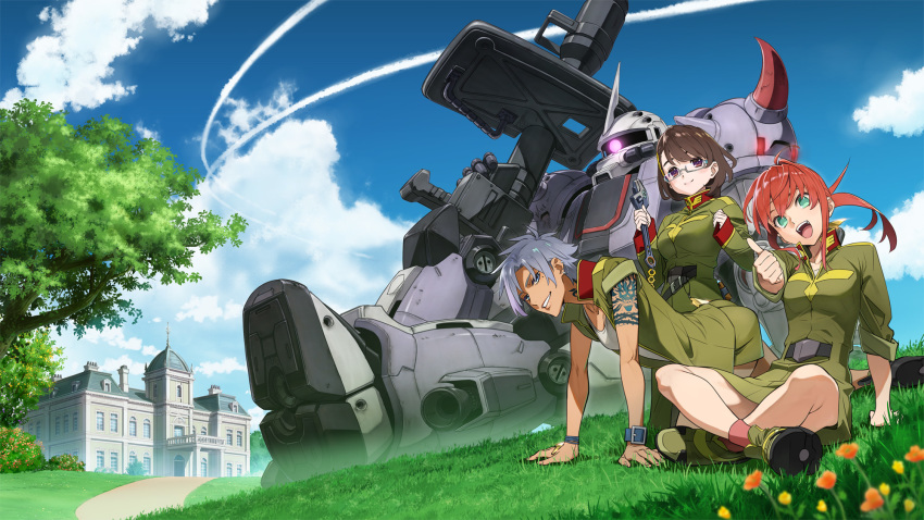 3girls, all_fours, alma_stirner, arm_support, arm_tattoo, bazooka_(gundam), belt, blue_eyes, brown_hair, cloud, collarbone, contrail, day, earrings, flower, green_eyes, gundam, gundam_battle_operation_code_fairy, helena_hegel, highres, indian_style, jewelry, looking_at_viewer, mansion, mecha, medium_hair, mia_brinkman, military, military_uniform, mole, mole_under_eye, multiple_girls, neck_tattoo, official_art, orange_hair, outdoors, parted_lips, purple_eyes, robot, rocket_launcher, semi-rimless_eyewear, short_hair, silver_hair, sitting, smile, tattoo, teeth, thumbs_up, tree, upper_teeth_only, weapon, wrench, zaku, zaku_ii, zaku_ii_hmgt_alma_stirner_custom, zeon
