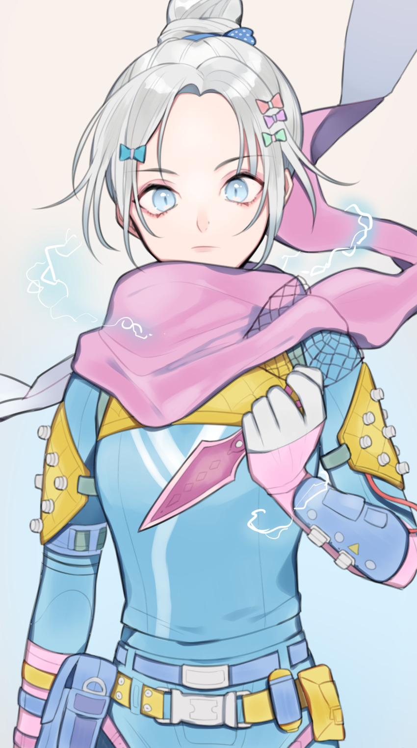 1girl, absurdres, alternate_color, animification, apex_legends, belt, blue_background, blue_belt