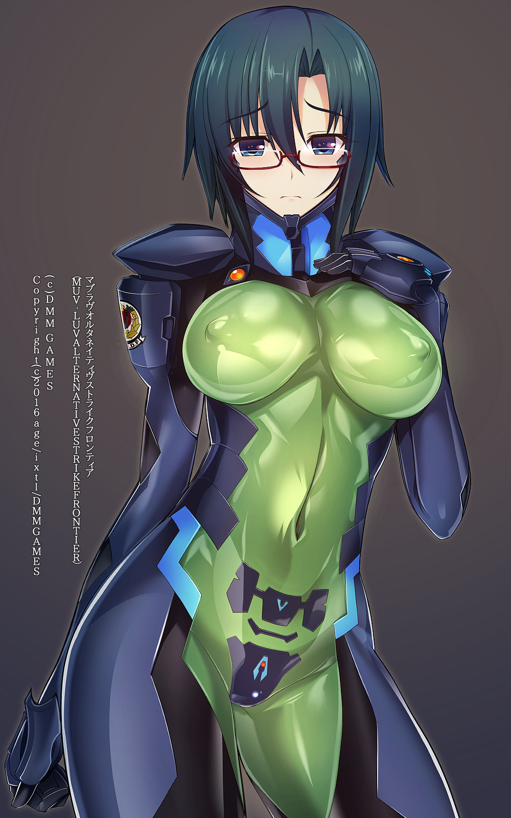 1girl, blue_eyes, blue_hair, breasts, copyright_name, covered_erect_nipples, covered_navel, fortified_suit