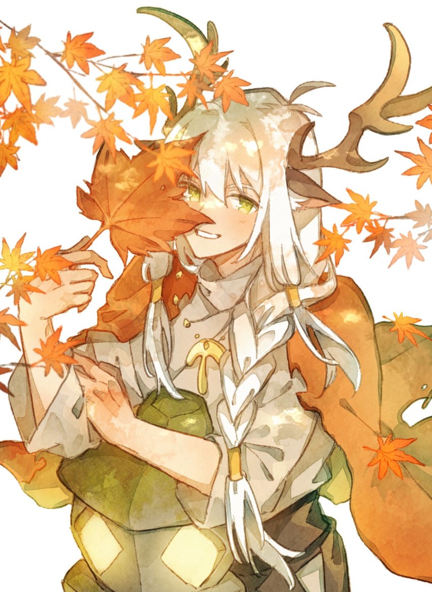 1girl, animal_ears, antenna_hair, antlers, braid, cape, deer_antlers, deer_ears, green_eyes, grey_hair, highres, horns, lantern, leaf, light_rays, long_sleeves, looking_at_viewer, maple_leaf, meme_skyyyy, season_of_dream, shadow, sky:_children_of_the_light, solo, sunbeam, sunlight, timid_bookworm, twin_braids, upper_body, white_background, white_hair