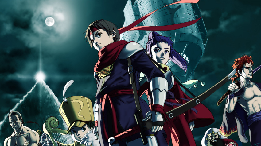 arc_(arc_the_lad), arc_the_lad, armor, beard, belt, black_hair, brown_hair, chongora_(arc_the_lad), cojibou, everyone, facial_hair, gogen_(arc_the_lad), green_eyes, harp, hat, headband, iga_(arc_the_lad), instrument, katana, kukuru_(arc_the_lad), long_hair, moon, night, poco_(arc_the_lad), ponytail, purple_eyes, purple_hair, red_hair, short_hair, sword, tosh_(arc_the_lad), weapon, white_hair