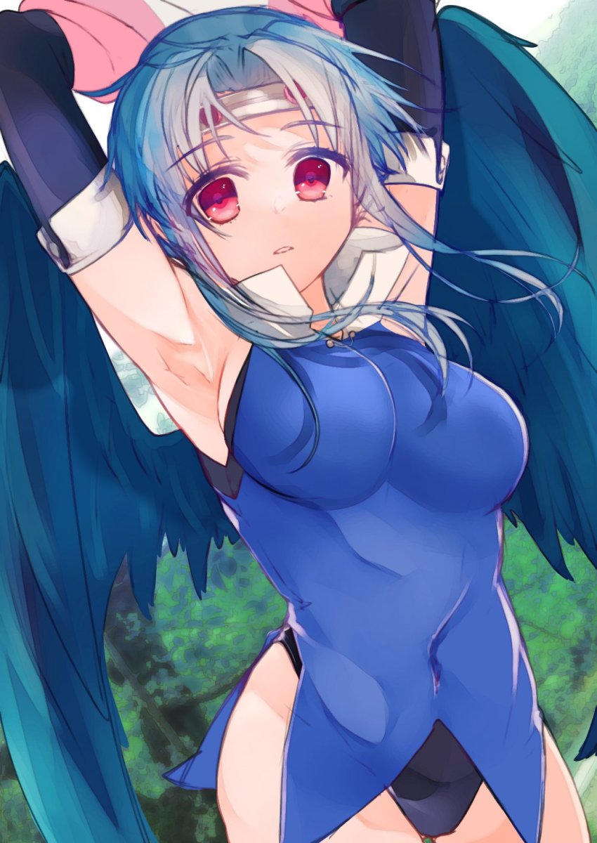 aquaplus, arms_up, black_wings, breasts, cowboy_shot, feathered_wings, headband, highres