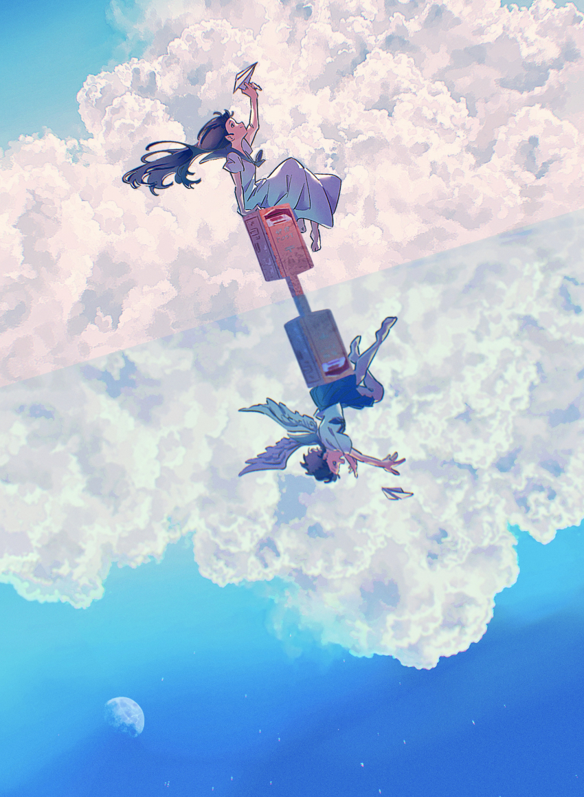 1girl, absurdres, cloud, dress, highres, lazool_721, long_hair, moon
