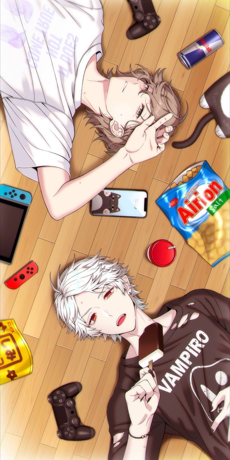 2boys, black_shirt, blue_eyes, brown_hair, cellphone, controller, ear_piercing, food