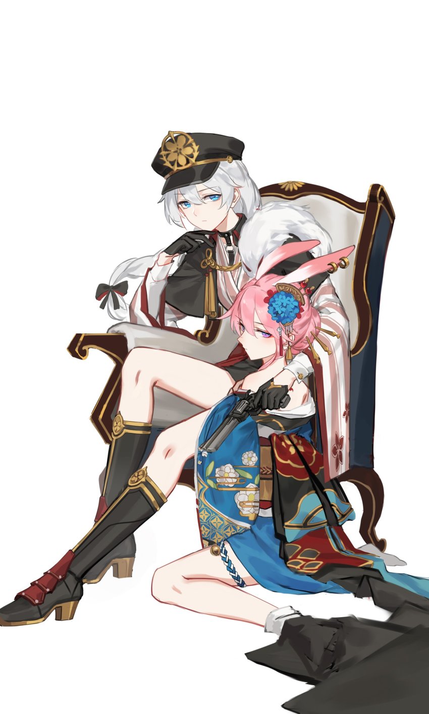 2girls, absurdres, animal_ears, bamboo_nima, black_footwear, black_headwear, blue_eyes, blue_flower