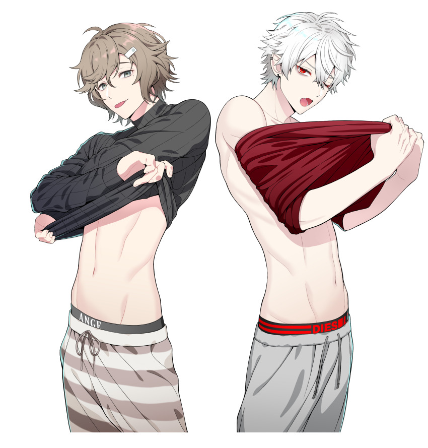 2boys, absurdres, briefs, brown_hair, clothes_lift, ear_piercing, earrings, hair_between_eyes, hair_ornament, highres, jacket, jewelry, kanae_(nijisanji), kuzuha_(nijisanji), long_hair, long_sleeves, looking_at_viewer, male_focus, male_underwear, mole, mole_under_eye, multiple_boys, muscular, navel, nijisanji, open_clothes, open_mouth, open_shirt, pants, piercing, pointy_ears, red_eyes, shirt_lift, shorts, sweater, tongue, tongue_out, underwear, virtual_youtuber, waniguchi, white_background