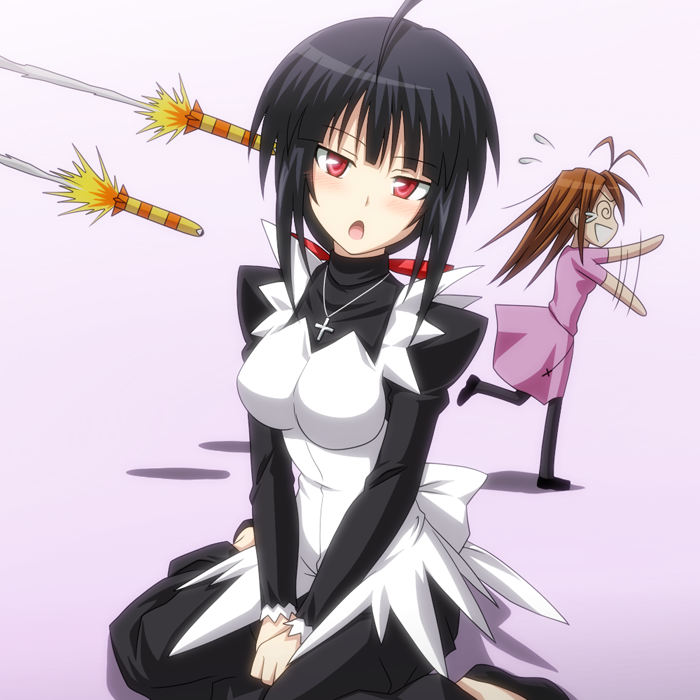 2girls, @_@, ahoge, antenna_hair, black_hair, cross, eisen-hyouka, flying_sweatdrops, kagesaki-ice, kneeling, long_hair, love_hina, maid, missile, multiple_girls, narusegawa_naru, pantyhose, red_eyes, rocket, urashima_kanako