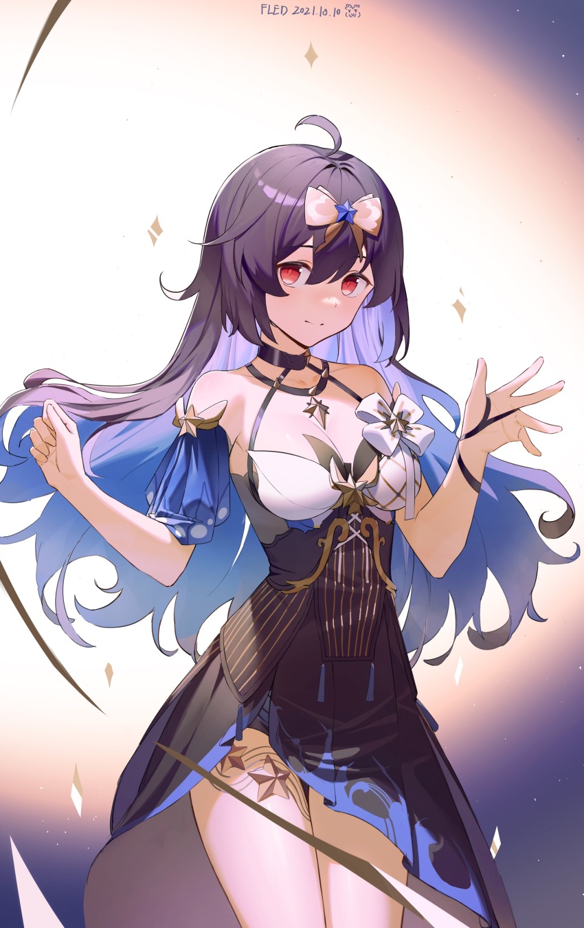 1girl, absurdres, artist_name, bare_shoulders, blue_hair, breasts, cleavage, closed_mouth