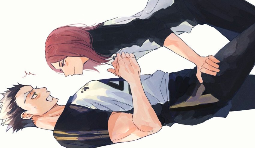 1boy, 1girl, assertive_female, black_legwear, blush, bokuto_koutarou, grey_hair, haikyuu!!, hetero, jersey, looking_at_another, medium_hair, multicolored_hair, red_hair, shirofuku_yukie, short_hair, shorts, sideways, smile, sportswear, sweatdrop, toned, toned_male, track_suit, two-tone_hair, umatchi_503, volleyball_uniform