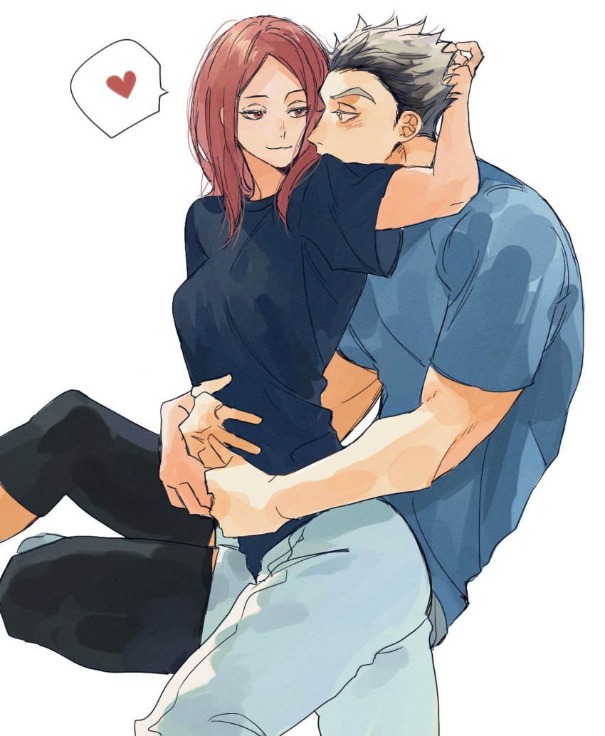 1boy, 1girl, black_legwear, blue_shirt, blush, bokuto_koutarou, grey_hair, haikyuu!!
