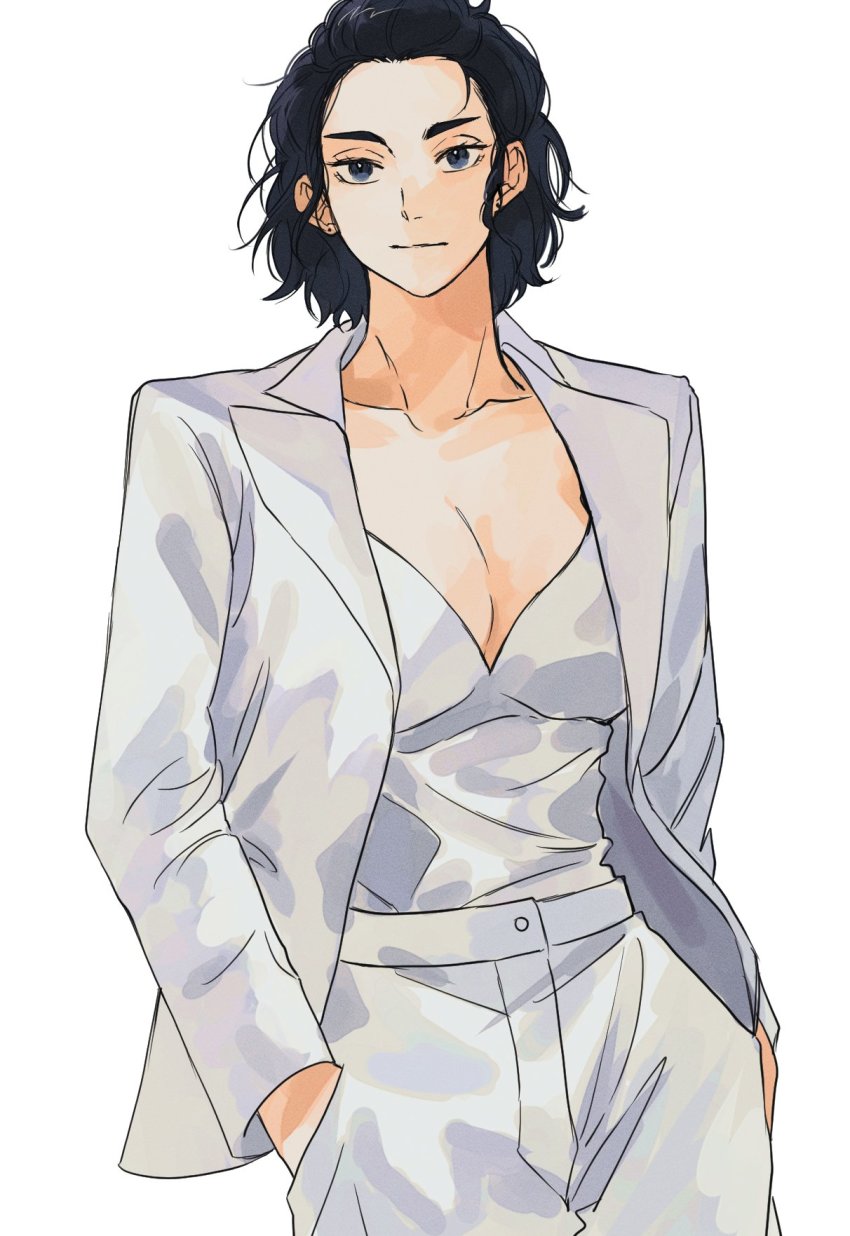 1girl, alternate_costume, bangs_pinned_back, black_hair, blue_eyes, breasts, cleavage, closed_mouth