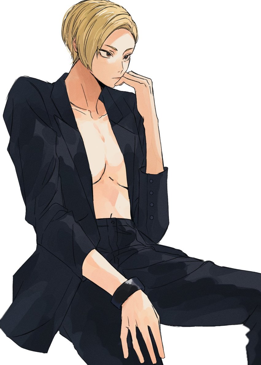 1girl, black_suit, blonde_hair, bracelet, breasts, formal_clothes, haikyuu!!, highres, jewelry, no_bra, pant_suit, pants, short_hair, sitting, solo, suit, tanaka_saeko_(haikyuu!!), umatchi_503