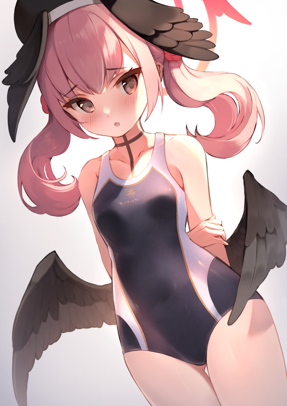 1girl, black_hat, black_one-piece_swimsuit, black_wings, blue_archive, breasts, brown_eyes, competition_swimsuit, cowboy_shot, cowengium, dutch_angle, feathered_wings, grey_wings, halo, hat, head_wings, highres, hand_on_own_arm, koharu_(blue_archive), low_wings, medium_hair, one-piece_swimsuit, pink_hair, raised_eyebrows, small_breasts, solo, standing, swimsuit, white_background, winged_hat, wings