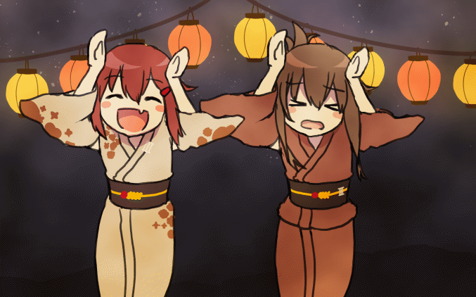 >_<, 2girls, animated, animated_gif, blush, brown_hair, caramelldansen, fang