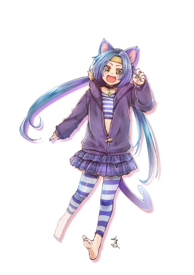 1girl, animal_ears, barefoot, blue_hair, cat_ears, cat_tail, choker, feet