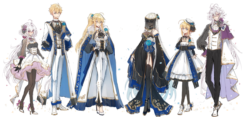2boys, 4girls, ahoge, alternate_costume, arthur_pendragon_(fate), artoria_pendragon_(fate), artoria_pendragon_(lancer)_(fate), blonde_hair, breasts, detached_sleeves, dress, fate/grand_order, fate_(series), flower, formal_clothes, full_body, gloves, hair_between_eyes, hair_flower, hair_ornament, hat, high_heels, highres, large_breasts, long_hair, long_sleeves, looking_at_viewer, merlin_(fate), merlin_(fate/prototype), morgan_le_fay_(fate), morgan_le_fay_(fate/apocrypha), multiple_boys, multiple_girls, nekohanemocha, pantyhose, ponytail, saber_(fate), simple_background, standing, suit, thighhighs, veil, very_long_hair, white_background, white_hair