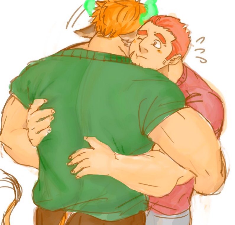 2boys, 392mondo, animal_ears, bara, blouse, blush, brown_hair, cheek_bulge
