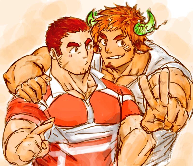 2boys, 392mondo, animal_ears, bara, blush, brown_eyes, brown_hair, commentary_request
