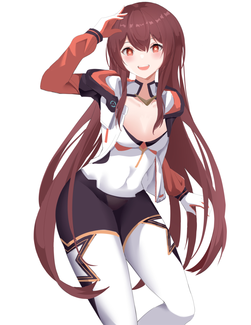 +_+, 1girl, :d, absurdres, beijiushui, bodysuit, breasts, brown_hair