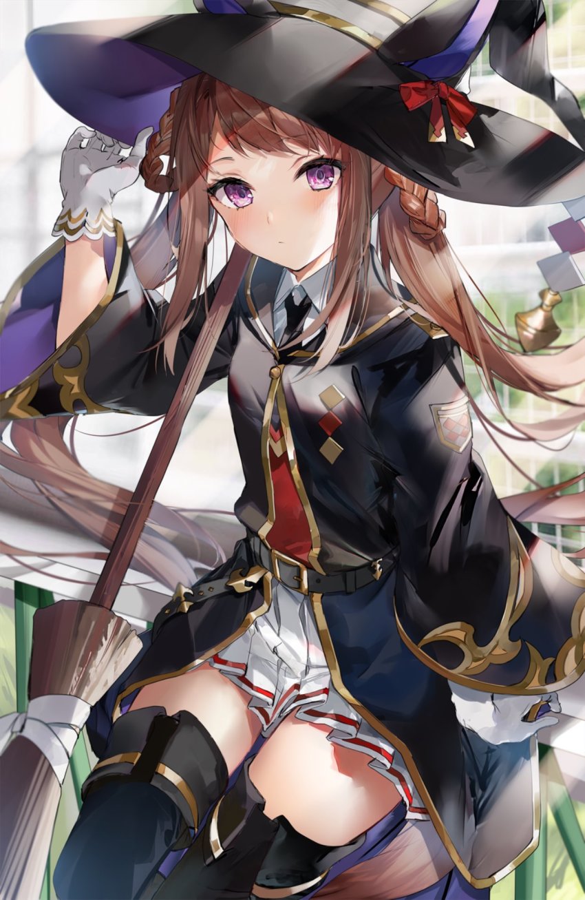 1girl, animal_ears, belt, black_belt, black_boots, black_hat, black_necktie, blush