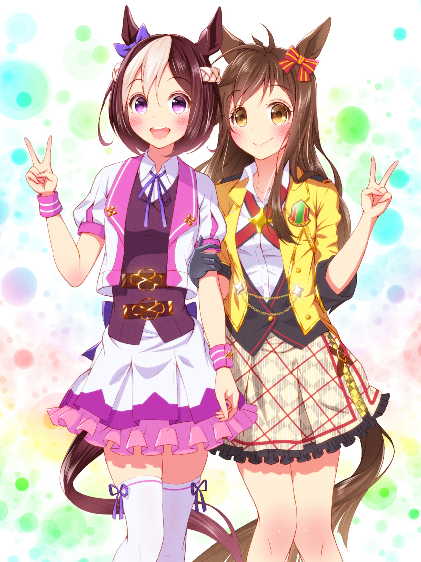 2girls, animal_ears, black_gloves, bow, braid, brown_hair, buena_vista_(old_design)_(umamusume), chain