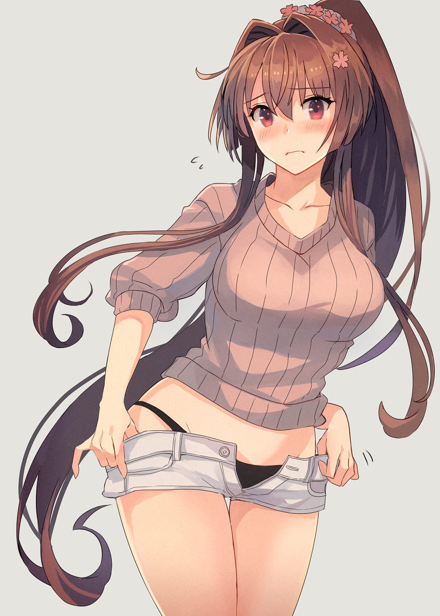 1girl, black_panties, blush, breasts, brown_eyes, brown_hair, brown_sweater, closed_mouth