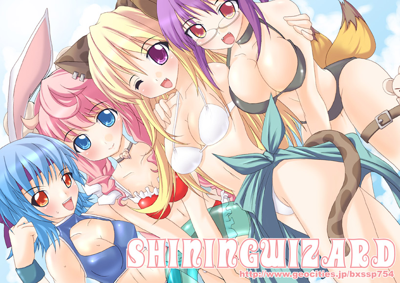 10s, 4girls, animal_ears, bikini, blonde_hair, blue_eyes, blue_hair, blush