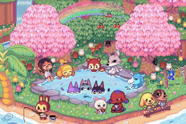 animal_crossing, animated, animated_gif, beetle, bench, blinking, bob_(animal_crossing), bug, bunnie_(animal_crossing), butch_(animal_crossing), cherry, cherry_blossoms, cherry_tree, christy_frisby, closed_eyes, clothesline, cyd_(animal_crossing), fang_(animal_crossing), fishing, flower, flurry_(animal_crossing), food, fruit, furry, goldie_(animal_crossing), grass, insect, isabelle_(animal_crossing), julian_(animal_crossing), lolly_(animal_crossing), looping_animation, multiple_boys, multiple_girls, nintendo, onsen, outdoors, partially_submerged, petals, petals_on_liquid, pixel_art, poppy_(animal_crossing), punchy_(animal_crossing), rainbow, rock, sitting, towel, tree, tulip, villager_(animal_crossing), water, waterfall