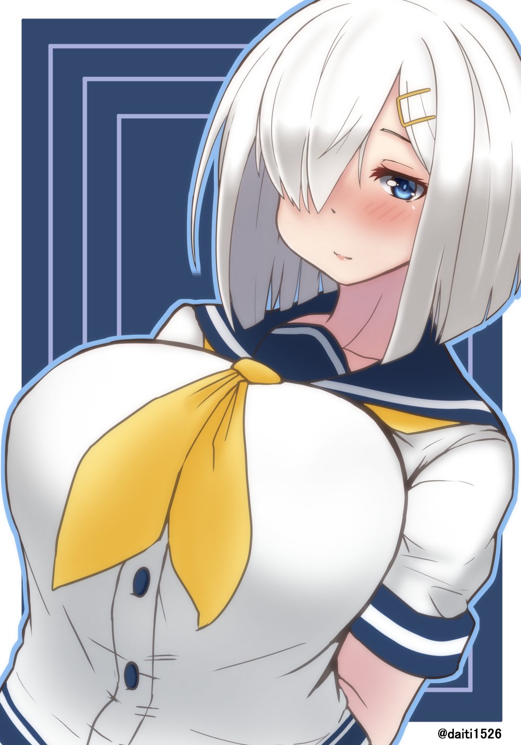 1girl, arms_behind_back, blue_background, blue_eyes, blue_sailor_collar, blush, border, breasts, daichi_(daiti1318), hair_ornament, hair_over_one_eye, hairclip, hamakaze_(kancolle), highres, kantai_collection, large_breasts, neckerchief, nose_blush, one-hour_drawing_challenge, sailor_collar, school_uniform, serafuku, shirt, short_hair, silver_hair, smile, solo, twitter_username, upper_body, white_border, white_shirt, yellow_neckerchief