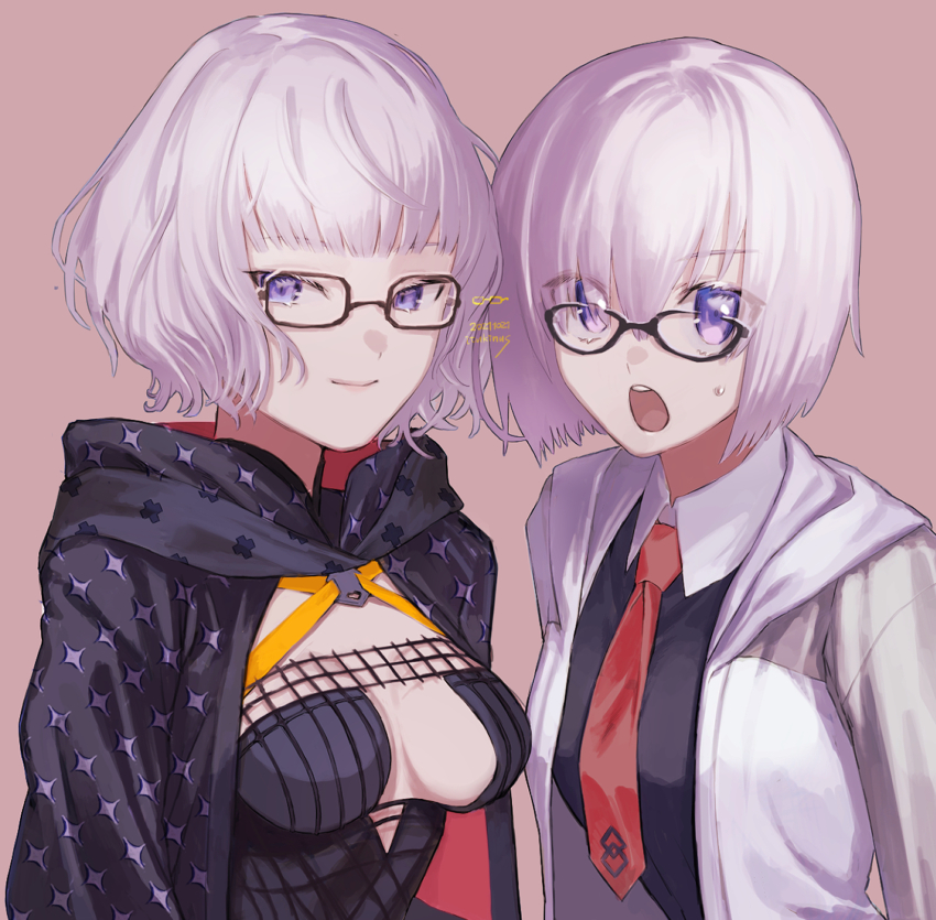 2girls, artist_name, breasts, cleavage, cloak, dated, fate/grand_order, fate_(series), glasses, highres, hood, hood_down, hooded_cloak, ituki, jacket, jacques_de_molay_(foreigner)_(fate), jacques_de_molay_(foreigner)_(second_ascension)_(fate), mash_kyrielight, medium_breasts, multiple_girls, necktie, purple_eyes, smile