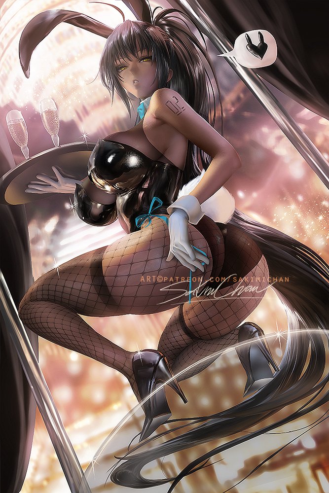 1girl, absurdly_long_hair, ahoge, alcohol, animal_ears, aqua_ribbon, arm_tattoo, artist_name, ass, bare_shoulders, black_footwear, black_hair, black_leotard, blue_archive, blurry, blurry_background, bow, bowtie, breasts, champagne_flute, chandelier, cup, dark-skinned_female, dark_skin, detached_collar, drinking_glass, fake_animal_ears, female_focus, fishnet_pantyhose, fishnets, from_below, gloves, heart, high_heels, high_ponytail, highleg, highleg_leotard, holding, holding_tray, karin_(blue_archive), karin_(bunny)_(blue_archive), large_breasts, leotard, long_hair, number_tattoo, pantyhose, patreon_username, playboy_bunny, pole, ponytail, rabbit_ears, rabbit_tail, ribbon, sakimichan, shoulder_tattoo, signature, speech_bubble, spoken_heart, squatting, strapless, strapless_leotard, tail, tattoo, thighhighs, thighhighs_under_pantyhose, traditional_bowtie, tray, very_long_hair, watermark, web_address, white_gloves, wrist_cuffs, yellow_eyes