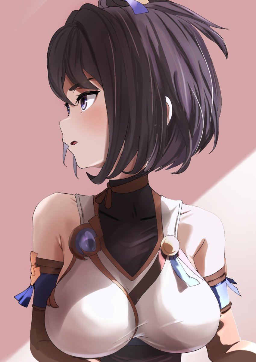 1girl, black_eyes, black_hair, blush, breasts, elbow_sleeve, from_side, granblue_fantasy