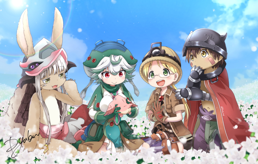 1boy, 1other, 2girls, absurdres, animal_ears, artist_name, blonde_hair, brown_gloves