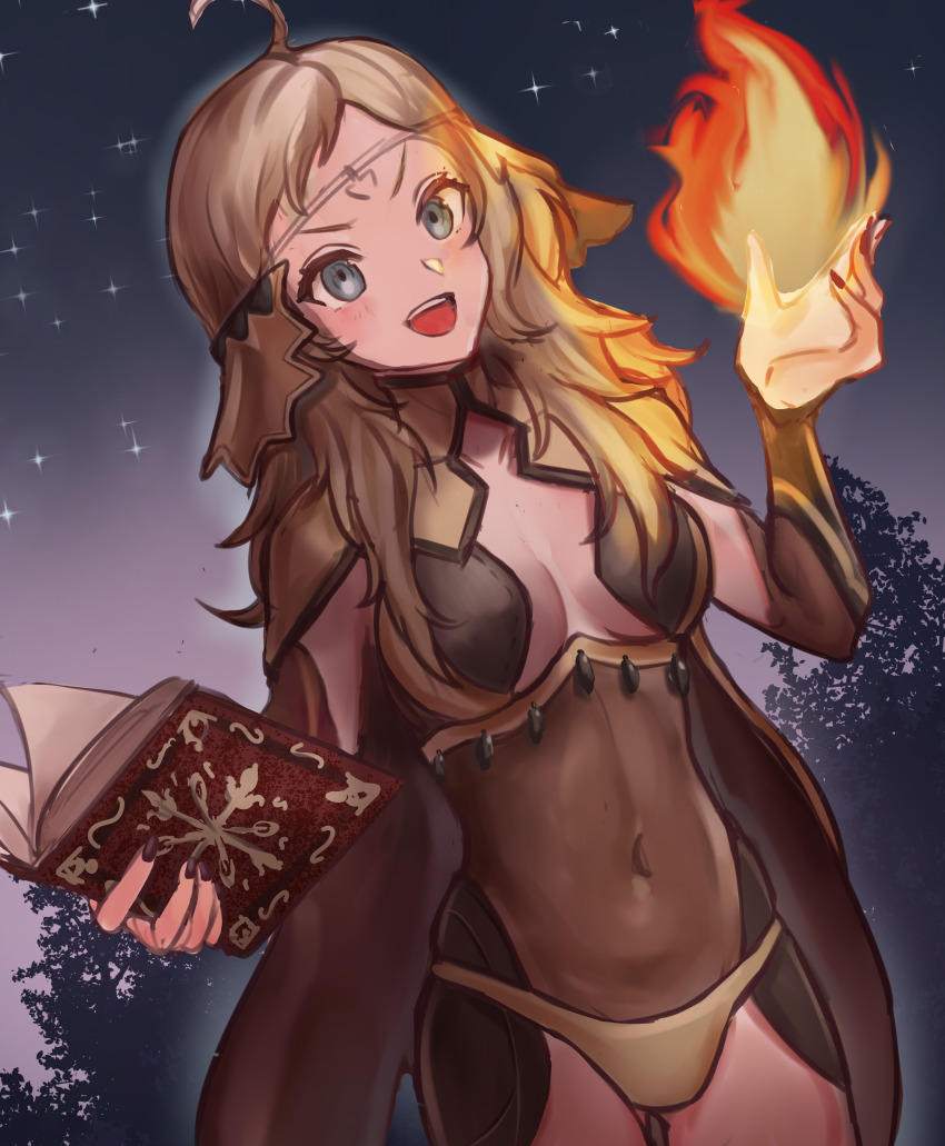 1girl, absurdres, ahoge, axeloust, blonde_hair, bodystocking, book, breasts, cape, circlet, commission, commissioner_upload, covered_navel, fire, fire_emblem, fire_emblem_fates, gluteal_fold, green_eyes, highres, holding, holding_book, holding_weapon, long_hair, looking_at_viewer, medium_breasts, night, nintendo, open_mouth, ophelia_(fire_emblem), panties, sky, solo, star_(sky), starry_sky, thighs, underwear, upper_body, weapon
