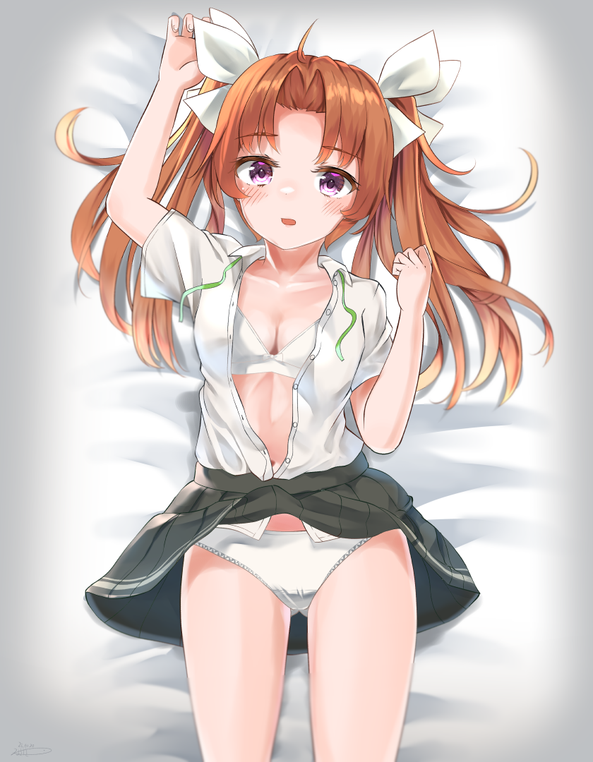 1girl, black_skirt, blush, bra, breasts, brown_hair, clothes_pull, commentary_request