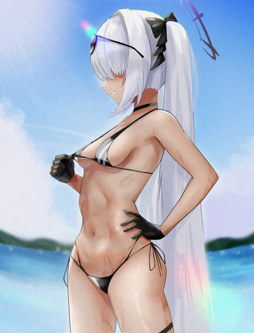 1girl, absurdres, bad_id, bad_pixiv_id, bikini, bikini_pull, black_bikini, black_gloves