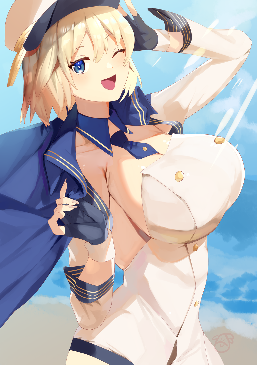 1girl, aiushi_(lovecowjp), azur_lane, blonde_hair, blue_eyes, blue_gloves, blue_jacket, blush