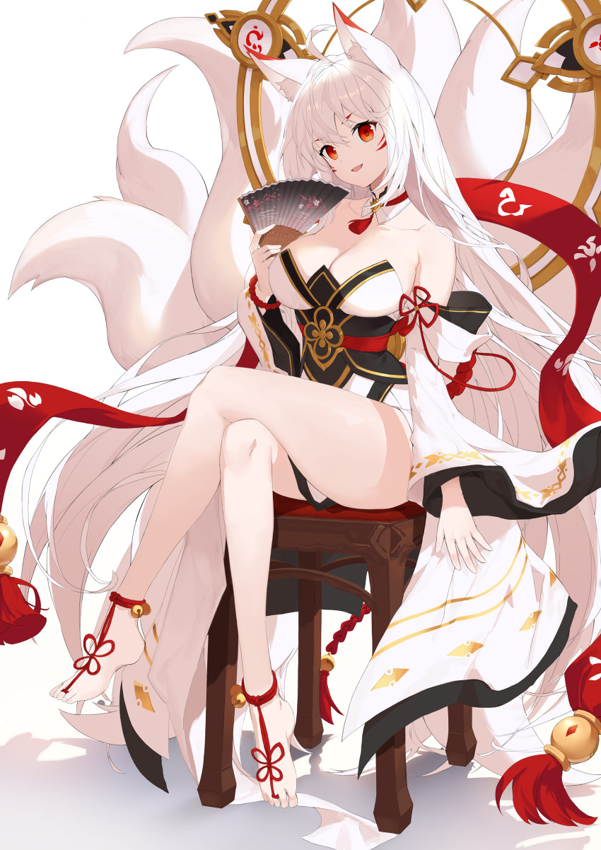 1girl, absurdres, animal_ears, ara_haan, bare_legs, bare_shoulders, barefoot, breasts, character_request, cleavage, crossed_legs, elsword, fox_ears, fox_tail, hair_between_eyes, hand_fan, highres, holding, holding_fan, japanese_clothes, large_breasts, long_hair, long_sleeves, looking_at_viewer, nyun, open_mouth, red_eyes, shakti_(elsword), sitting, smile, tail, white_hair, wide_sleeves
