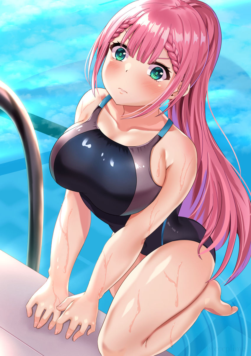 1girl, absurdres, bad_id, bad_pixiv_id, barefoot, black_one-piece_swimsuit, blush, bokutachi_wa_benkyou_ga_dekinai, braid, breasts, competition_swimsuit, green_eyes, highres, kirisu_mafuyu, large_breasts, long_hair, one-piece_swimsuit, pink_hair, ponytail, pool, shiny_skin, shiny_swimsuit, solo, swimsuit, teacher, water, wet, yagiryu