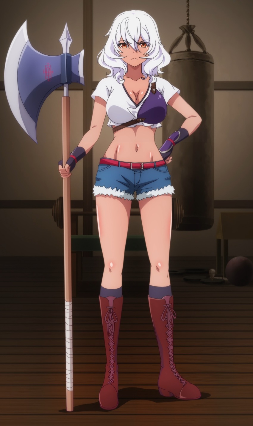 1girl, anime_screenshot, artoria_gremm, axe, black_gloves, boots, breasts, cleavage, dark-skinned_female, dark_skin, fingerless_gloves, full_body, gloves, glovs, groin, hair_between_eyes, hand_on_own_hip, highres, holding, holding_axe, holding_weapon, large_breasts, legs, long_hair, looking_at_viewer, multicolored_shirt, navel, shinka_no_mi, shirt, shorts, solo, stitched, stomach, thighs, third-party_edit, weapon, white_hair, white_shirt, yellow_eyes