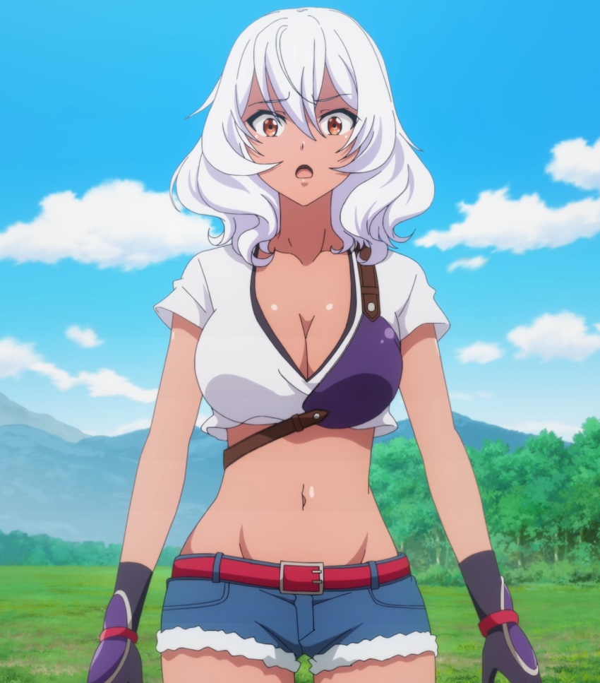 1girl, anime_screenshot, artoria_gremm, belt, black_gloves, breasts, cleavage, collarbone, dark-skinned_female, dark_skin, gloves, groin, hair_between_eyes, highres, large_breasts, long_hair, multicolored_shirt, navel, open_mouth, outdoors, shinka_no_mi, shirt, shorts, sky, solo, stitched, stomach, surprised, thighs, third-party_edit, white_hair, white_shirt, yellow_eyes