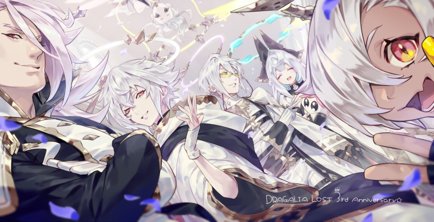 3boys, 3girls, closed_eyes, dark-skinned_female, dark_skin, dragalia_lost, fang, gabriel_(dragalia_lost), glasses, halo, horns, looking_at_viewer, michael_(dragalia_lost), multiple_boys, multiple_girls, petals, power_symbol-shaped_pupils, ramiel_(dragalia_lost), raphael_(dragalia_lost), sandalphon_(dragalia_lost), skin_fang, smile, stuffed_toy, symbol-shaped_pupils, upside-down, uriel_(dragalia_lost), white_hair, yanagawa_eri