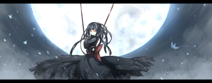 1girl, bad_id, bad_pixiv_id, black_hair, bug, butterfly, dual_wielding, female_focus