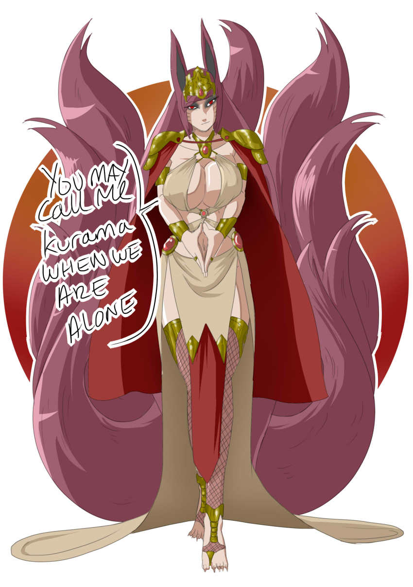 1girl, absurdres, animal_ears, armor, boruto:_naruto_next_generations, boruto:_naruto_the_movie, breasts, cape, demon_girl, facial_mark, feet, fox_ears, fox_girl, fox_tail, genderswap, genderswap_(mtf), hair_between_eyes, highres, kitsune, kurama_(naruto), kyuubi, large_breasts, large_tail, long_hair, looking_at_viewer, mattwilson83, multiple_tails, naruto:_the_last, naruto_(classic), naruto_(series), naruto_shippuuden, princess, red_cape, red_eyes, red_tail, shared_towel, sketch, smile, solo, tail, warrior, whisker_markings