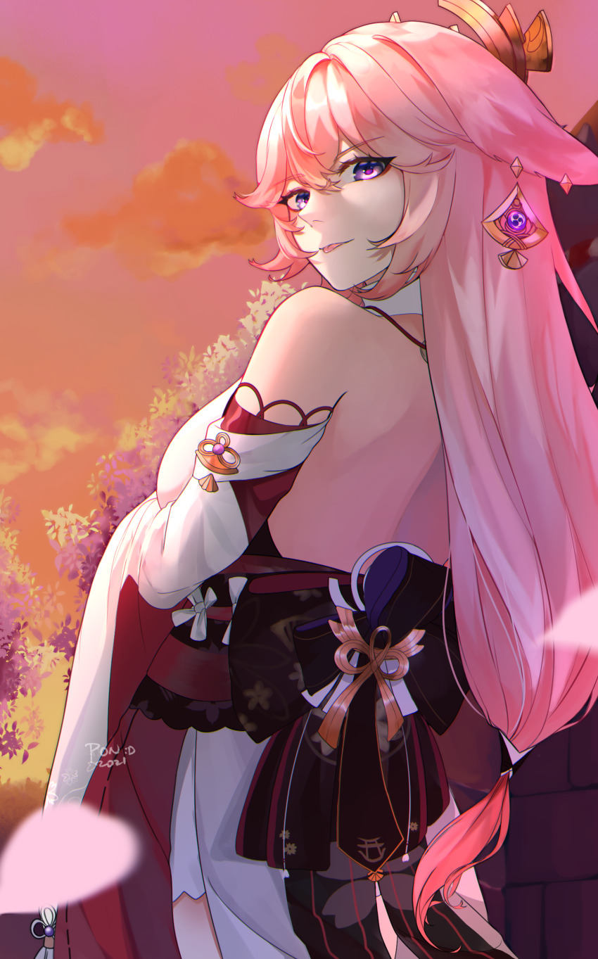 1girl, absurdres, animal_ears, artist_name, back, bare_shoulders, breast_hold, breasts, cloud, commentary, earrings, fox_ears, from_behind, genshin_impact, hair_tie, headpiece, highres, japanese_clothes, jewelry, large_breasts, long_hair, long_sleeves, looking_at_viewer, looking_back, looking_to_the_side, miko, mitsudomoe_(shape), obiage, obijime, orange_sky, outdoors, p0nsea, pink_hair, pink_sky, priestess, purple_eyes, sash, shoulder_blades, signature, sky, solo, tomoe_(symbol), tongue, tongue_out, tree, twilight, vision_(genshin_impact), wide_sleeves, yae_miko