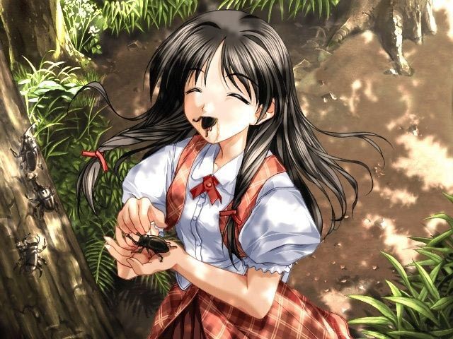 1990s_(style), 1girl, bug, closed_eyes, eating, female_focus, forest, game_cg