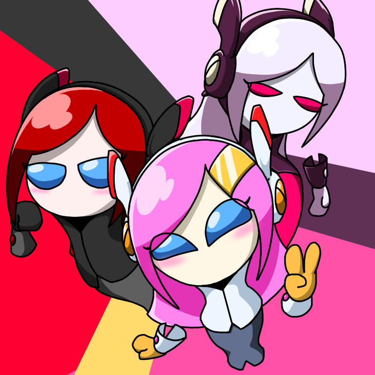 3girls, adjusting_hair, alternate_form, annoyed, black_gloves, black_headwear, black_mittens, black_skirt